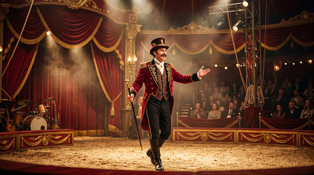 Ringmaster in classic red costume presenting a show on circus arena