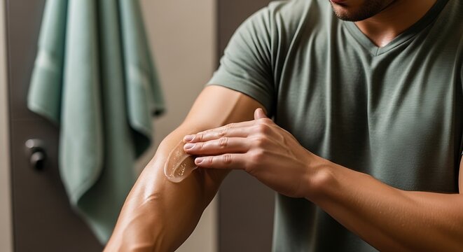 Man applies lotion to arm in bathroom, towel in background