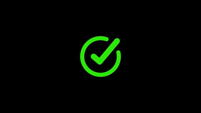 Green check mark icon animation verified success symbol on transparent background, 4k quality animation video.