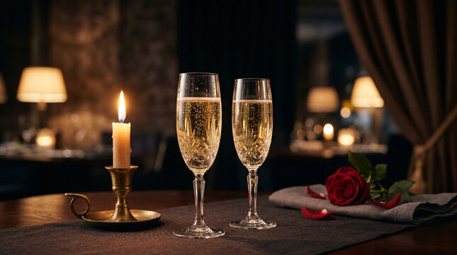 romantic evening setting with two champagne glasses candle and red rose on table