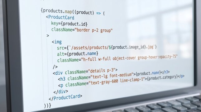 Software developer writing React JS code for web application on laptop screen, modern programming concept and digital interface design for online business solutions.