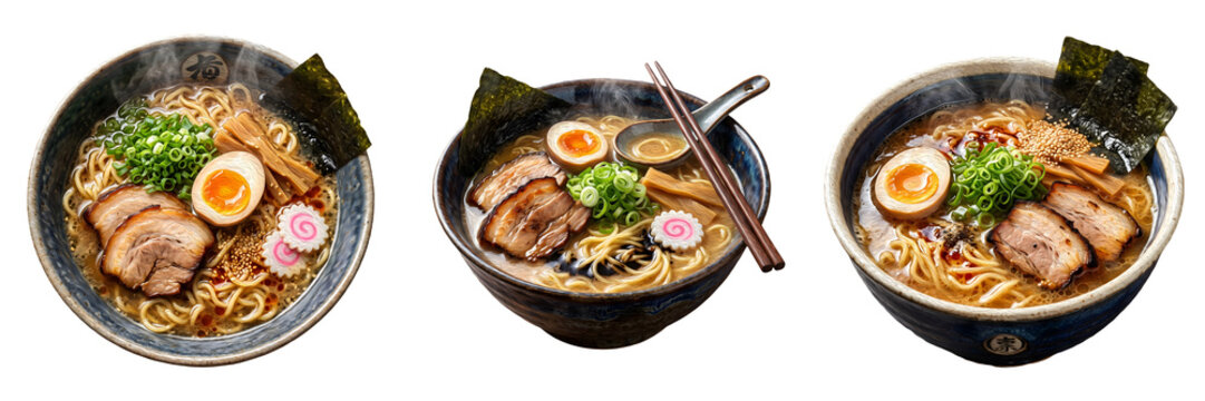 Delicious Japanese ramen noodle soup bowls with chashu pork, soft-boiled eggs, and green onions isolated on a white background for food and dining concepts