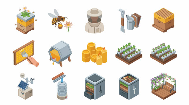 Colorful Isometric Beekeeping and Honey Production Icons Set.