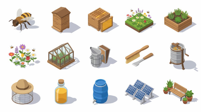 Colorful Isometric Illustration of Farming and Gardening Tools.