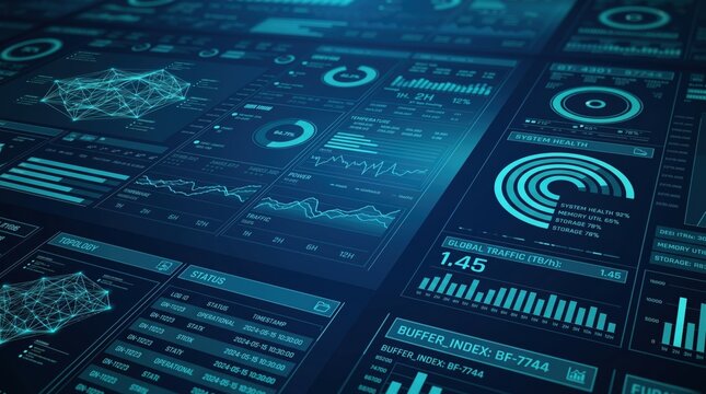 Futuristic cyber security dashboard interface displaying data analytics, system monitoring and network traffic statistics on dark blue background for IT protection and technolog...