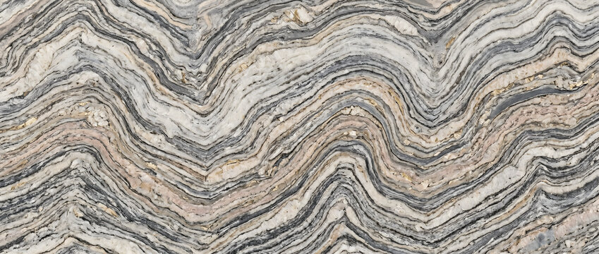 Marble texture displaying a polished gray mineral surface with intense rhythmic chevron wavy layers and golden accents provides a luxury natural backdrop for high end design templates