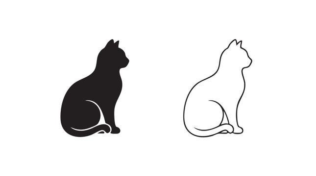cat silhouette with line art vector icon, sitting pet outline design