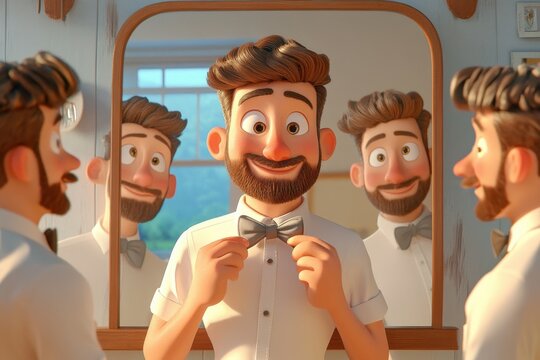 Groom adjusting bow tie in mirror with smile in bright room