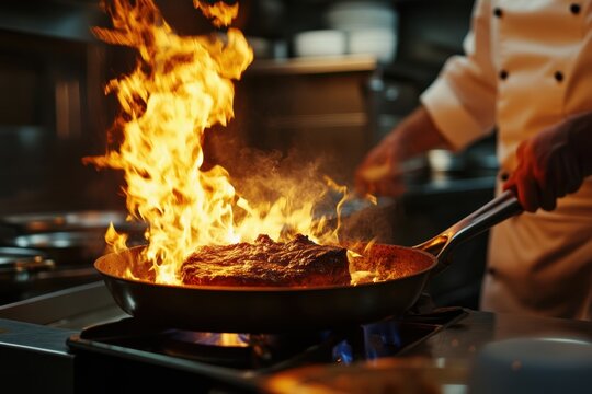 Chef cooking pan flame steak kitchen fire sear