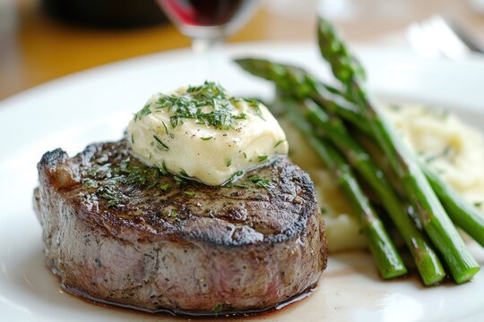 Grilled steak with herb butter and asparagus on white plate