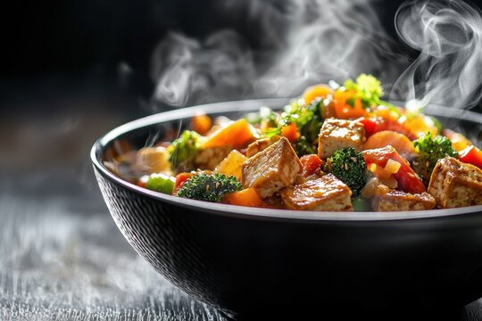 Tofu stir fry with colorful vegetable in bowl, steaming hot meal on dark table