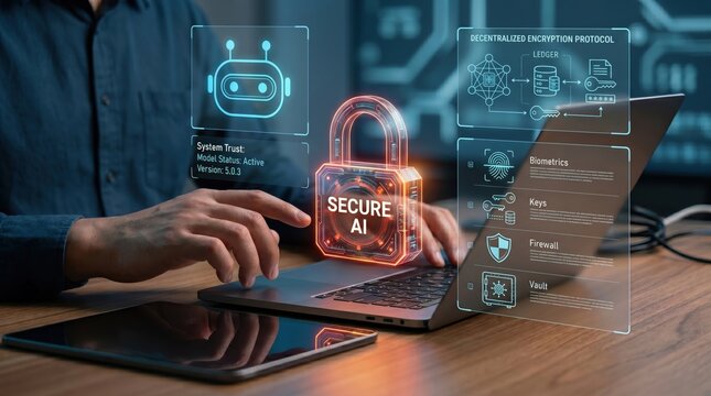 Secure AI cybersecurity concept with digital padlock and encryption protocol interface, decentralized ledger technology protection, biometric authentication and firewall system ...