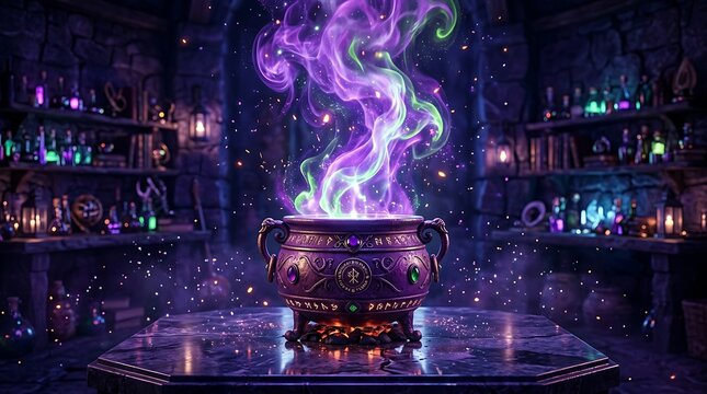 Magical witch cauldron with glowing purple smoke in lab