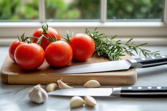 Fresh tomato and herb kitchen scene on wooden cutting board with knife, garlic, and window light