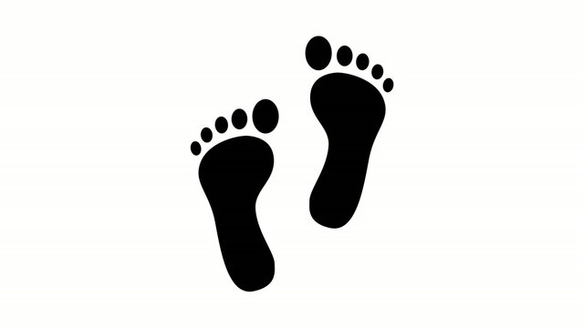 Minimalist Black Human Footprint Silhouette Walking Animation, Two Bare Feet Steps Tracking Path Motion Graphic Seamless Loop on White Background