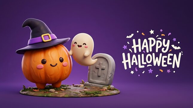 Cute pumpkin and ghost celebrating happy halloween