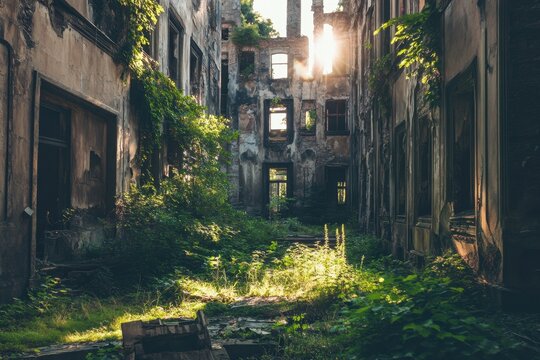 Abandoned city ruin sunlit ruin crumbling building overgrown vegetation empty corridor decayed wall broken window urban decay old architecture forgotten place