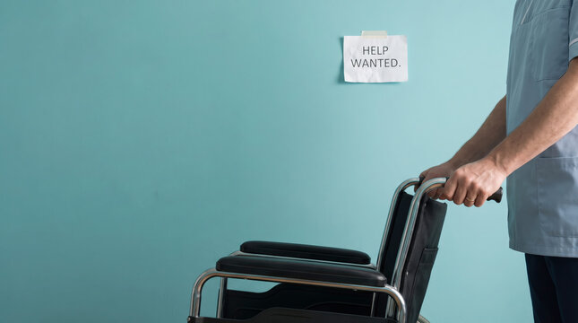 Healthcare Worker Recruitment Concept with Wheelchair and Help Wanted Sign