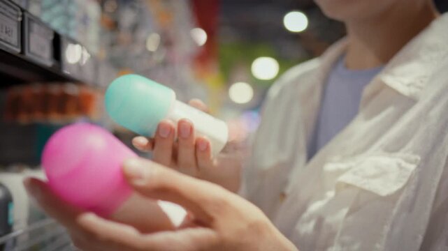 A young woman in a white shirt reaches for a deodorant on a shelf among personal care products carefully studying its ingredients in a modern retail store