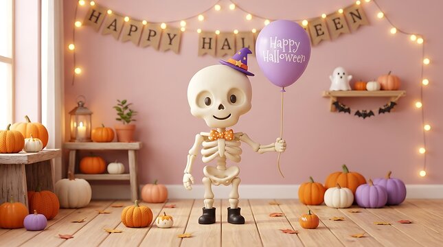 Cute cartoon skeleton holding a halloween balloon in a room
