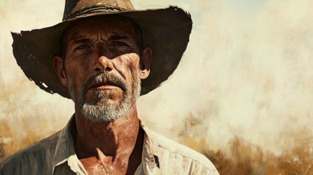 Mature man in outback hat, serious expression