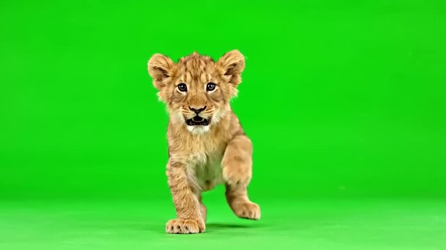 Lion cub walking forward on chroma key green screen background high quality 4k animal stock video