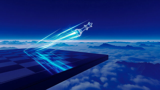 Glowing 3D Chess King Flying Over Mountain Clouds
