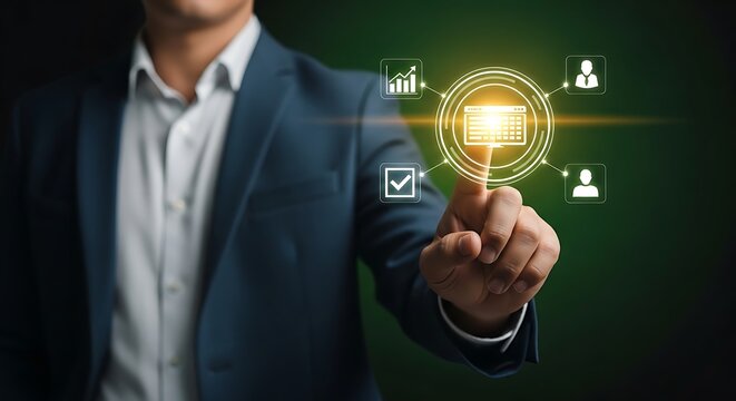Man in suit touching futuristic digital interface with financial and user icons