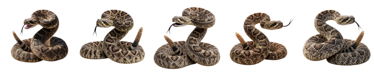 Obraz premium Set of Five Detailed Rattlesnakes Isolated on White Background for Wildlife Photography, Educational Projects, Nature Graphic Design, and Exotic Animal Illustrations