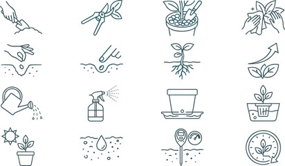 Fototapeta premium Gardening and Plant Care Line Icon Set with Watering, Pruning, Planting, Growth, Cultivation, and Eco Gardening Outline Vector Collection