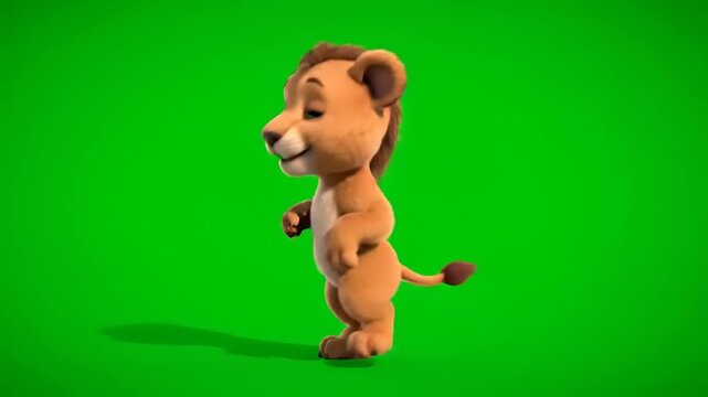 Cute 3D cartoon lion cub walking on green screen for animation and editing