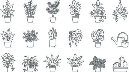 Indoor Houseplant Line Icon Collection with Potted Tropical Plants Hanging Planters Succulents and Botanical Home Decor © MdJalal