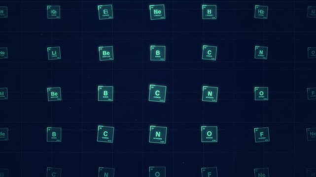 Periodic table elements, glowing chemical symbols on dark grid background, seamless loop, symbolizing science, education, and chemistry concepts