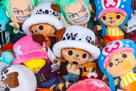 Frankfurt, Germany - May 15, 2026: Plush soft toys of Tony Tony Chopper and Zoro from One Piece anime series at a fairground stall in Frankfurt