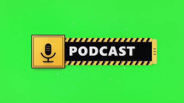Podcast logo animation with microphone icon and dynamic text, vibrant green background, seamless loop, symbolizing modern audio content and digital media
