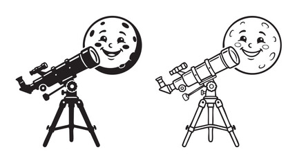 telescope silhouette with line art vector icon observing smiling moon © Shamsul