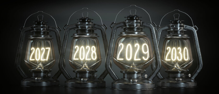 2027, 2028, 2029, 2030 - Vintage Kerosene Lanterns - 3d illustration