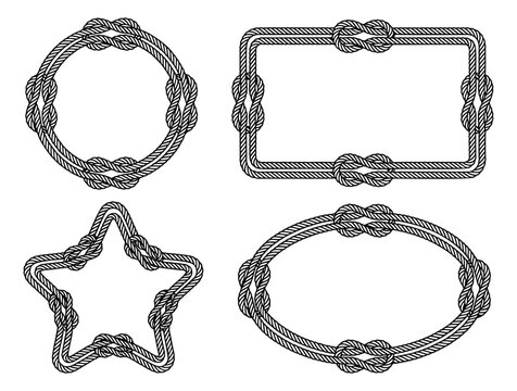 Outline icon set of rope frames featuring circle, rectangle, star and oval shapes with nautical knots for marine design
