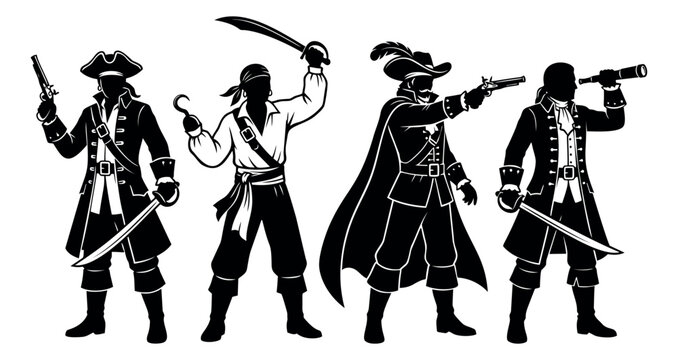 Silhouette set of 4 pirates featuring captain with sword, hook hand, musket and telescope for adventure design