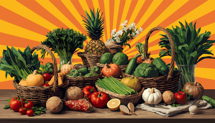 A vibrant and abundant display of fresh, colorful fruits and vegetables artfully arranged in rustic baskets on a wooden surface, set against a striking orange and yellow sunburst background. © dilla