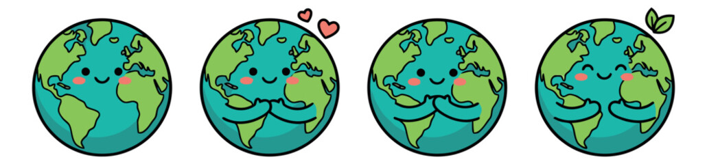 Fototapeta premium Cartoon icon set of 4 cute earth characters featuring hugging smiling globes and love hearts for environmental design