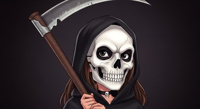 Cute Grim Reaper Character Holding Scythe on Dark Background