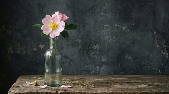Pink wild rose in glass bottle on rustic wooden table
