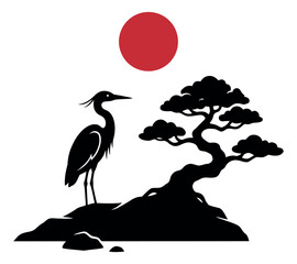 Obraz premium Silhouette illustration of Japanese crane and bonsai tree depicting tranquil zen scene for Asian inspired design