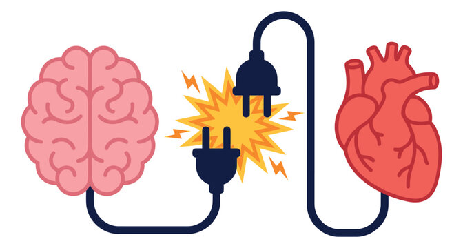 Flat illustration of brain and heart connected by electric plug depicting mind and emotion balance for psychology and wellness design