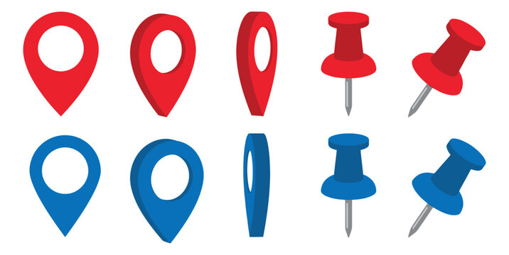 Flat icon set of map pins and push pins featuring red and blue location markers in multiple angles for navigation design