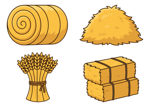 Cartoon icon set of 4 farm harvest elements featuring round hay bale, haystack, wheat sheaf and rectangular straw bales for agricultural design