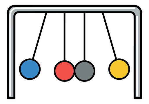 Cartoon illustration of Newton's cradle depicting colorful swinging pendulum balls for physics and science design