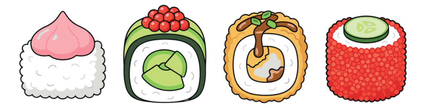 Cartoon icon set of Japanese sushi pieces featuring nigiri, maki rolls and tobiko toppings for food and restaurant design