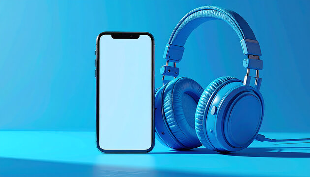 A high-end 3D product mockup featuring a pair of cyan-blue over-ear headphones 